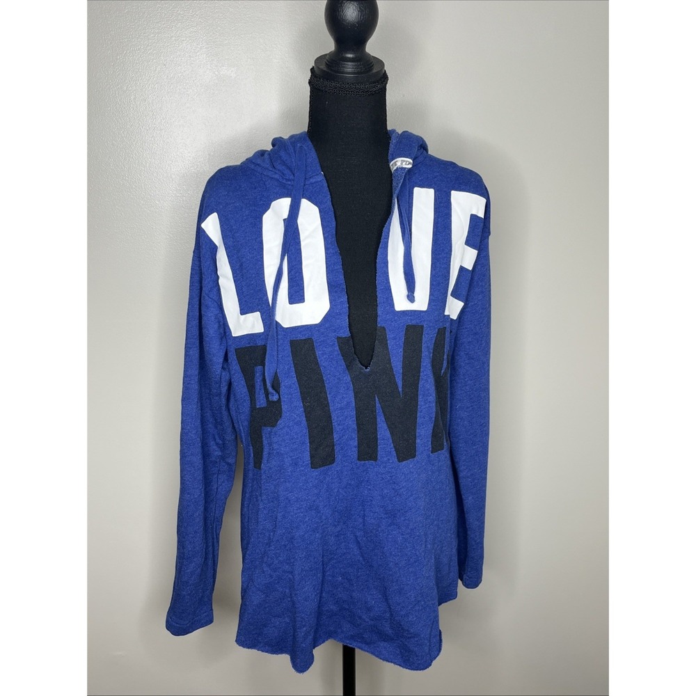 Victoria's Secret PINK Blue LOVE PINK Graphic Hoodie Deep V Neck Size XS